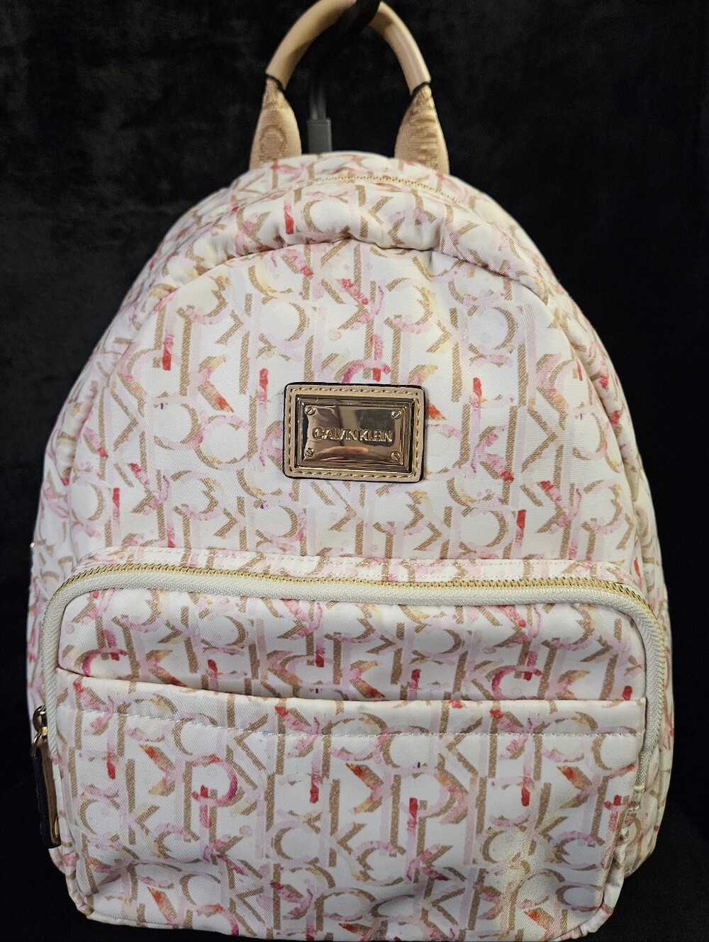 NWOT-Calvin Klein White Backpack with Pink Logo Print and Gold Hardware